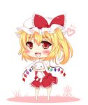  :d blonde_hair blush carrying chibi fang flandre_scarlet hat heart highres looking_at_viewer miy@ mob_cap object_hug open_mouth red_eyes side_ponytail smile solo stuffed_animal stuffed_bunny stuffed_toy touhou wings 