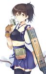  bow_(weapon) brown_eyes brown_hair japanese_clothes kaga_(kantai_collection) kantai_collection komi_zumiko looking_at_viewer muneate pleated_skirt short_hair side_ponytail skirt solo tasuki thighhighs weapon zettai_ryouiki 