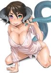  :q bad_id bad_pixiv_id blush breasts brown_hair cleavage green_eyes heterochromia highres holding horns large_breasts monster_girl naked_shirt nukomasu original purple_eyes shirt short_hair simple_background sitting smile solo tail tongue tongue_out unbuttoned wariza white_background 