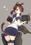 animal_ears brown_eyes brown_hair cat_ears cat_tail from_behind grey_background kantai_collection kemonomimi_mode looking_at_viewer looking_back machinery ribbon school_uniform serafuku shirayuki_(kantai_collection) short_hair short_twintails simple_background skirt solo sumisu_(mondo) tail tail_ribbon twintails twitter_username 