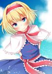  alice_margatroid arms_behind_back blonde_hair blue_eyes capelet hairband highres lolita_hairband looking_at_viewer miy@ short_hair smile solo touhou 