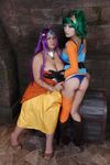  2girls asian breasts brown_eyes cameltoe chouzuki_maryou cosplay dragon_quest dragon_quest_iv green_hair large_breasts minea minea_(cosplay) multiple_girls photo plump purple_hair square_enix 