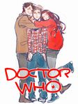 2boys amy_pond boots converse denim doctor_who eleventh_doctor hug jacket jeans kamaboko_(moyaciv) multiple_boys pants rory_williams shirt shoes simple_background smile sneakers tears the_doctor 