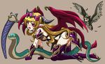  :d animal armor bare_shoulders bikini_armor bird blonde_hair demon_girl demon_horns demon_tail demon_wings earrings fang full_body heart heart_earrings highres horn_ring horns jewelry junu lilith_(p&amp;d) long_hair looking_at_viewer open_mouth owl pink_eyes puzzle_&amp;_dragons scythe smile snake solo tail tiara very_long_hair weapon wings 