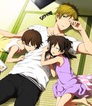  2boys amayu_(hh21) brother_and_sister brothers brown_hair dress eyewear_removed free! glasses green_eyes iwatobi-chan long_hair multiple_boys sandwiched short_hair siblings sleeping tachibana_makoto tachibana_ran_(free!) tachibana_ren_(free!) tatami 