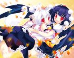  :d animal_ears black_hair black_wings collaboration detached_sleeves hat hikanyan hug inubashiri_momiji looking_at_viewer multiple_girls open_mouth red_eyes rikatan shameimaru_aya short_hair smile tail tokin_hat touhou white_hair wings wolf_ears wolf_tail 