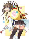  brown_hair candy checkerboard_cookie cookie food hairband kantai_collection kongou_(kantai_collection) long_hair looking_back ninomoto nontraditional_miko smile solo thighhighs translated wafer_stick zettai_ryouiki 