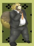  2018 anthro belly brown_fur bulge canine clothed clothing fully_clothed fur gyobu humanoid_hands jinku_56 male mammal necktie one_eye_closed overweight overweight_male pants shirt simple_background solo tanuki tokyo_afterschool_summoners video_games wink 