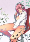  blush breasts headphones large_breasts long_hair looking_at_viewer nitroplus open_clothes open_mouth open_shirt pink_hair red_eyes shirt sitting solo super_sonico white_shirt yuksi 