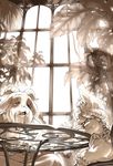  closed_eyes cup dress frilled_dress frills furry head_rest horns indoors kikurage_(crayon_arts) leaf listening monochrome monster no_humans open_mouth plant potted_plant saucer scar sitting smile table talking teacup transparent window 