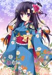  black_hair copyright_request floral_print hair_ornament hairclip japanese_clothes kimono long_hair looking_at_viewer nanaroba_hana purple_eyes solo 