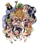  bamboo_steamer black_hair blonde_hair blue_hair brook chair dessert dim_sum dumpling food franky fruit glass green_hair hat ice_cream instrument monkey_d_luffy nami nami_(one_piece) nico_robin oda_eiichirou official_art one_piece orange_hair pineapple purple_upholstery reindeer roronoa_zoro sanji sitting skeleton spoon squid straw_hat tony_tony_chopper usopp 