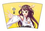  :d armpits bad_id bad_pixiv_id blush brown_eyes brown_hair comic detached_sleeves hairband kantai_collection kongou_(kantai_collection) long_hair open_mouth outstretched_arm outstretched_hand ribbon-trimmed_sleeves ribbon_trim robe smile solo swami tsurime v-shaped_eyebrows 