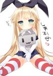  :3 blonde_hair elbow_gloves gloves green_eyes hair_ribbon kantai_collection long_hair looking_at_viewer machinery morinaga_kobato pout rensouhou-chan ribbon shimakaze_(kantai_collection) sitting solo striped striped_legwear thighhighs turret wariza 