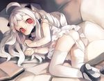  ahoge alternate_costume ass book highres horns kantai_collection long_hair lying mary_janes nekotewi northern_ocean_hime pale_skin panties panty_pull red_eyes shinkaisei-kan shoes solo thighhighs underwear white_hair white_legwear white_panties wristband 