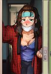  blush breasts brown_hair cleavage green_eyes heavy_breathing looking_at_viewer medium_breasts original pii_(taromura) plaid robe sick solo surgical_mask 