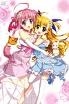  absurdres ahoge animal_ears blonde_hair blush bow crossover dog_days dog_girl double_bun elbow_gloves flower fujima_takuya gloves green_eyes hair_bow hair_flower hair_ornament heterochromia highres hug leg_lift legs long_hair lyrical_nanoha mahou_shoujo_lyrical_nanoha_strikers mahou_shoujo_lyrical_nanoha_vivid millhiore_f_biscotti multiple_girls official_art open_mouth pink_eyes pink_hair red_eyes ribbon sacred_heart scan tail thighhighs twintails vivio white_legwear zettai_ryouiki 