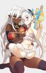  3: antenna_hair ass asymmetrical_docking bare_shoulders bikini black_legwear blush breast_press breasts butterfly_hair_ornament chaika_trabant cleavage dark_elf dark_skin elbow_gloves elf eyebrows fingerless_gloves frills gloves hair_ornament hitsugi_no_chaika large_breasts leg_grab long_hair looking_at_viewer looking_back micro_bikini multiple_girls nail_polish namaniku_atk nitroplus orange_eyes pointy_ears purple_eyes sansei_muramasa shiny shiny_skin sitting sitting_on_lap sitting_on_person skindentation small_breasts soukou_akki_muramasa strap_gap swimsuit thighhighs torso_grab tsurime very_long_hair wariza water_gun white_hair white_legwear wide_hips 