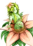  alraune breasts cleavage crowsnest flower green_hair green_skin hair_ornament hair_over_breasts highres large_breasts leaf long_hair monster_girl monster_girl_encyclopedia nectar plant plant_girl pointy_ears purple_eyes smile vines 