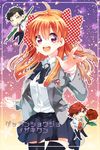  2boys black_eyes black_hair black_legwear bow bug butterfly flower gekkan_shoujo_nozaki-kun hair_bow insect mikoshiba_mikoto multiple_boys necktie nib_pen_(object) nozaki_umetarou open_mouth orange_hair pen polka_dot polka_dot_bow purple_eyes red_eyes red_hair rose rouman_academy_uniform sakura_chiyo school_uniform smile takumi_(scya) thighhighs v 