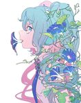  blue_eyes blue_hair flower hair_flower hair_ornament hatsune_miku ipomoea long_hair looking_at_viewer maruco mouth_hold necktie simple_background sleeveless solo twintails vocaloid white_background 