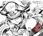  alternate_eye_color armband bare_shoulders bismarck_(kantai_collection) breasts hat iron_cross kantai_collection large_breasts long_hair machinery military military_uniform peaked_cap red_eyes san_tsu-bi solo spot_color turret twitter_username uniform upper_body white_background 