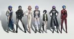  annotated aramaki_motoko blue_eyes breasts cleavage comparison contrapposto cyberpunk cyborg doll_joints ghost_in_the_shell ghost_in_the_shell:_innocence ghost_in_the_shell_2:man_machine_interface ghost_in_the_shell_arise ghost_in_the_shell_lineup ghost_in_the_shell_stand_alone_complex grey_background highres ikegami_noroshi jacket kusanagi_motoko long_hair md5_mismatch medium_breasts multiple_girls multiple_persona purple_hair science_fiction simple_background size_difference standing sunglasses variations 