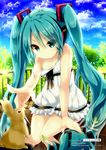  aqua_eyes artist_name blue_eyes bunny cloud fisheye hachune_miku hatsune_miku headphones kabocha_usagi long_hair outstretched_arms petting railing sitting sky solo spread_arms spring_onion strap_slip tsurime twintails very_long_hair vocaloid 