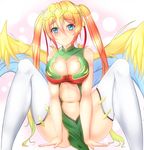  bare_shoulders blonde_hair blue_eyes blush breast_squeeze breasts china_dress chinese_clothes cleavage cleavage_cutout dress green_dress green_hair hair_ornament headpiece large_breasts leilan_(p&amp;d) long_hair looking_at_viewer midriff multicolored_hair navel noeomi orange_hair puzzle_&amp;_dragons sitting sleeveless sleeveless_dress solo spread_legs thighhighs twintails very_long_hair white_legwear 