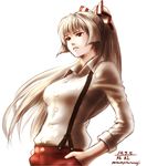  bow breasts dated fujiwara_no_mokou hair_bow hands_in_pockets large_breasts lips long_hair ponytail red_eyes shirt silver_hair sleeves_rolled_up solo suspenders taikyokuturugi touhou twitter_username 