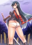  akame akame_ga_kill! arm_guards ass bare_shoulders black_hair black_legwear black_socks blush breasts butt_crack erect_nipples impossible_clothes impossible_shirt katana long_hair looking_at_viewer looking_back necktie orizen outdoors outside panties red_eyes sheath sheathed shiny shiny_clothes shiny_hair shiny_skin shirt sky socks solo surprised sword tie underwear very_long_hair weapon white_panties 