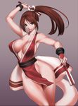  breasts brown_eyes brown_hair cleavage closed_fan covered_nipples fan fatal_fury folding_fan gradient gradient_background large_breasts light_smile long_hair looking_at_viewer no_panties pelvic_curtain ponytail raised_eyebrow rindou_(radical_dream) shiranui_mai solo the_king_of_fighters thighs wide_hips 