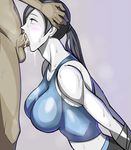  1boy 1girl blush breasts clothed_female_nude_male cum deepthroat fellatio hand_on_head kio_(fh0421) large_breasts long_hair nintendo oral penis pixiv_manga_sample resized saliva sweat testicles uncensored wii wii_fit wii_fit_trainer 