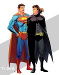  2boys alien bat_(symbol) batman batman_(series) black_cape black_shoes bruce_wayne cape clark_kent dc_comics justice_league kal-el kryptonian male male_focus multiple_boys red_cape red_shoes s_shield shoes standing superman superman_(series) 