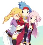  aria_(pokemon) belt blonde_hair blue_hair blush fingerless_gloves gloves green_eyes headband hinata_(pokemon) mirai_(pokemon) multiple_girls pokemon pokemon_(game) pokemon_ranger pokemon_ranger_uniform purple_hair red_eyes reimin thighhighs vest 