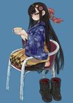  asymmetrical_bangs bangs barefoot black_hair blue_background boots boots_removed brown_eyes candy chair checkered cup ebimomo expressionless feet_on_chair food hair_ornament hakama hime_cut japanese_clothes lollipop long_hair looking_at_viewer meiji_schoolgirl_uniform mole mole_under_eye original print_hakama seiza simple_background sitting solo tea teacup very_long_hair yellow_hakama 