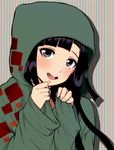  black_hair blush brown_eyes cosplay danganronpa dosugon hood hoodie komaeda_nagito komaeda_nagito_(cosplay) long_hair mole mole_under_eye open_mouth smile solo super_danganronpa_2 tsumiki_mikan 