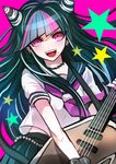  bad_id bad_twitter_id barbell_piercing black_hair black_skirt blue_hair chiko_(d04099) danganronpa ear_piercing electric_guitar guitar instrument jewelry lip_piercing long_hair mioda_ibuki multicolored_hair nail_polish necklace open_mouth piercing pink_eyes pink_hair pleated_skirt school_uniform serafuku skirt smile solo super_danganronpa_2 white_hair 