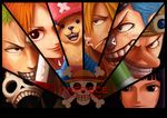  2girls 6+boys bangs black_hair blonde_hair blue_hair brook cigarette copyright_name cyborg franky goggles green_hair hat highres jolly_roger multiple_boys multiple_girls nami nami_(one_piece) nico_robin one_piece orange_hair reindeer roronoa_zoro sanji skeleton slingshot staff sword tony_tony_chopper usopp weapon 