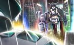  black_hair elbow_gloves fingerless_gloves giantess gloves h-new hairband highres kantai_collection long_hair machinery midriff multiple_girls nagato_(kantai_collection) navel pacific_rim parody rain re-class_battleship red_eyes shinkaisei-kan thighhighs white_hair 