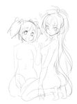  2girls agawa_ryou blush breasts commentary_request greyscale hair_ribbon kaname_madoka kneeling long_hair looking_away mahou_shoujo_madoka_magica monochrome multiple_girls navel nude open_mouth ponytail ribbon sakura_kyouko short_twintails sketch small_breasts smile squiggle sweatdrop twintails very_long_hair 