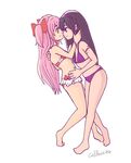 absurdres akemi_homura bikini black_hair bow caffeccino eye_contact face-to-face full_body hair_bow hairband hand_on_another's_cheek hand_on_another's_face highres hug imminent_kiss jewelry kaname_madoka long_hair looking_at_another mahou_shoujo_madoka_magica mahou_shoujo_madoka_magica_movie multiple_girls pink_hair purple_eyes single_earring swimsuit transparent_background two_side_up ultimate_madoka very_long_hair yellow_eyes yuri 