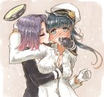  black_hair blue_eyes blush breast_grab breasts female_admiral_(kantai_collection) finger_in_another's_mouth finger_in_mouth full-face_blush gloves grabbing hat kantai_collection licking mechanical_halo military military_uniform multiple_girls naval_uniform open_clothes open_shirt purple_eyes purple_hair ryou_(shirotsumesou) shirt star tatsuta_(kantai_collection) tongue uniform yuri 