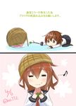  :t =_= aa_(sin2324) bad_id bad_pixiv_id basket brown_eyes brown_hair comic dated eating eighth_note food food_on_face hair_ornament hairclip ikazuchi_(kantai_collection) kantai_collection musical_note pantyhose sakura_mochi short_hair solo sweatdrop translated twig twitter_username wagashi wavy_mouth 