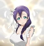  alternate_hairstyle apron aqua_eyes blush braid earrings feathers flower hair_flower hair_ornament hair_over_shoulder jewelry long_hair looking_at_viewer love_live! love_live!_school_idol_project naked_apron single_braid smile solo toujou_nozomi upper_body wkdnlwoddl 