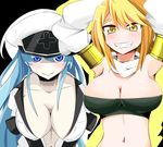  akame_ga_kill! arms_up bad_id bad_pixiv_id blonde_hair blue_eyes blue_hair breasts cleavage esdeath grin heart heart-shaped_pupils karatakewari large_breasts leaning_forward leone long_hair looking_at_viewer multiple_girls navel smile symbol-shaped_pupils 