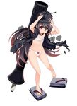  arms_up black_hair blush bow bow_panties brown_hair flat_chest full_body gradient_hair hands_on_headwear highres long_hair mecha_musume miki_purasu multicolored_hair one_eye_closed original panties pink_panties purple_eyes sarashi simple_background solo standing standing_on_one_leg tank_turret tears torn_clothes underwear very_long_hair white_background world_of_tanks 