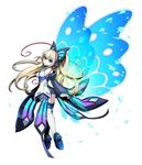  artist_request azure_striker_gunvolt bare_shoulders blonde_hair blue_wings breasts butterfly_hair_ornament butterfly_wings cleavage detached_sleeves hair_ornament long_hair lumen_(gunvolt) medium_breasts multicolored_hair official_art red_hair simple_background solo thighhighs two-tone_hair wide_sleeves wings 