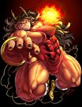  abs attack big_hair boots bracelet breasts brown_hair dudou eyeshadow glowing glowing_hand highres horns jewelry large_breasts long_hair makeup multicolored multicolored_eyes muscle nail_polish oboro_muramasa oni pointy_ears rajaki_(oboro_muramasa) solo thick_thighs thighs vanillaware zunta 