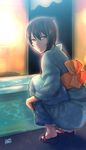  2014 brown_hair clog_sandals dated hair_between_eyes highres japanese_clothes kaga_(kantai_collection) kantai_collection kimono looking_back obi sash short_hair shoukaki_(earthean) side_ponytail solo squatting yellow_eyes yukata 